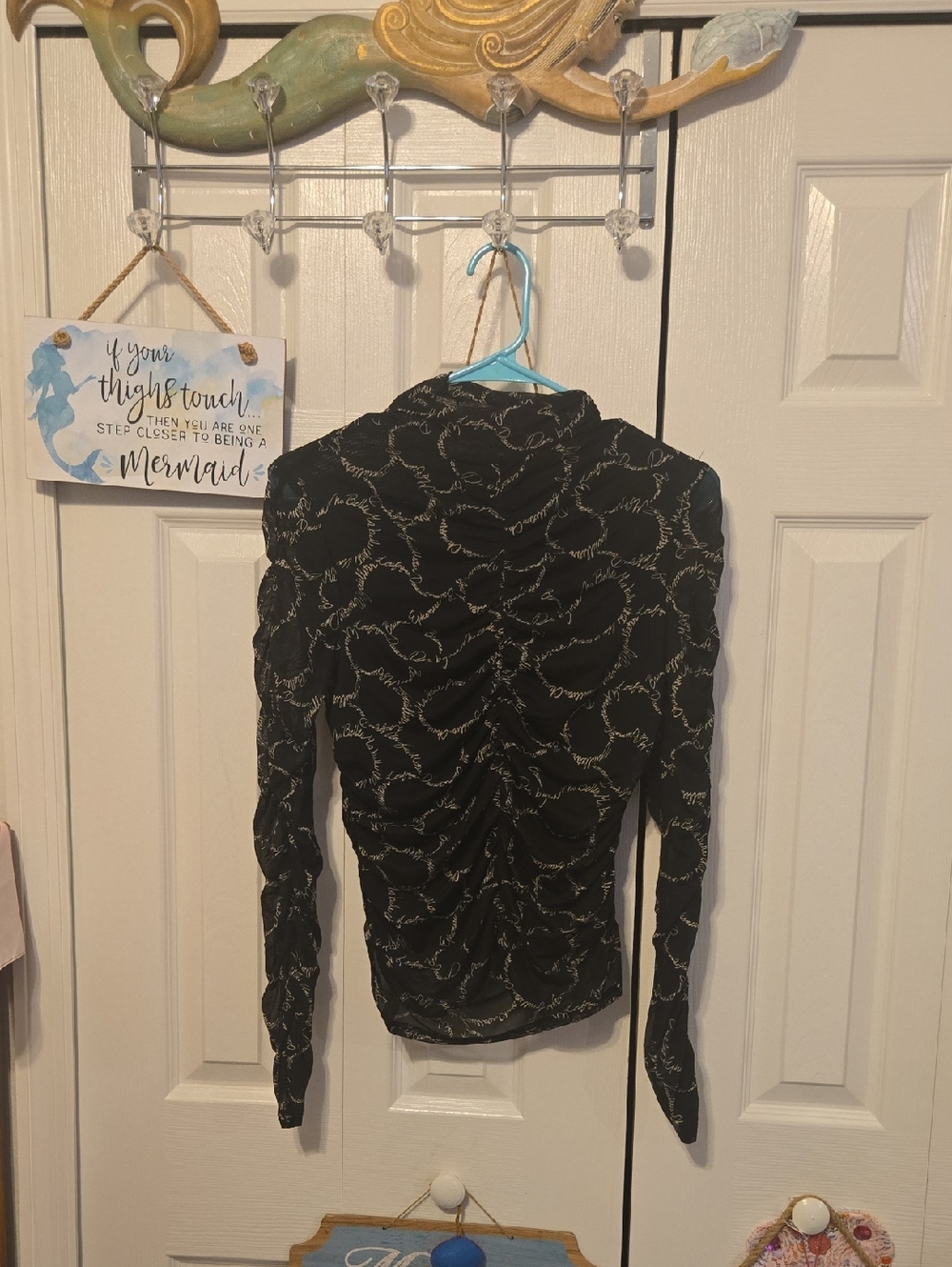 Sweet Rain Black Long-Sleeve Ruched Top with Metallic Script